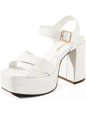 DREAM PAIRS Women's White Platform Chunky Heel Square Open Toe Ankle Strap Shoes